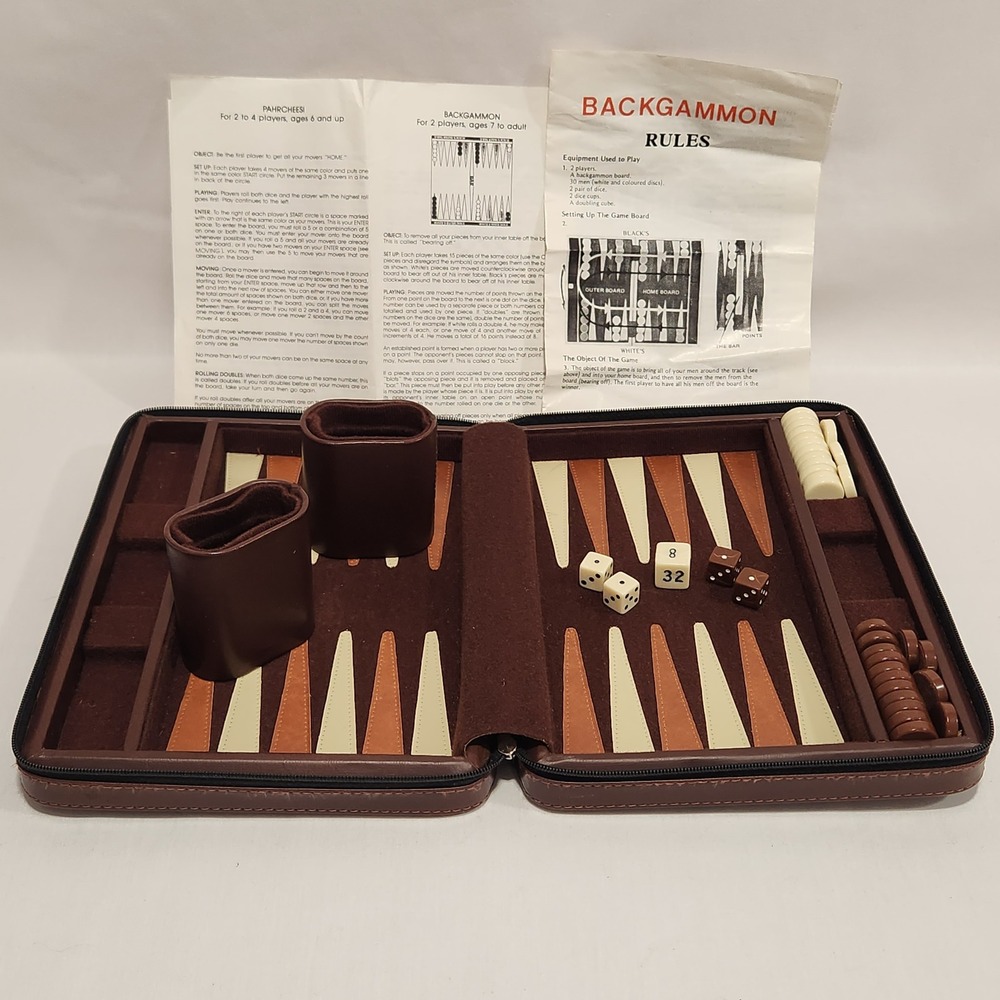 Vintage Travel Backgammon Pahrcheesi Set Brown Zippered Faux Leather Portable